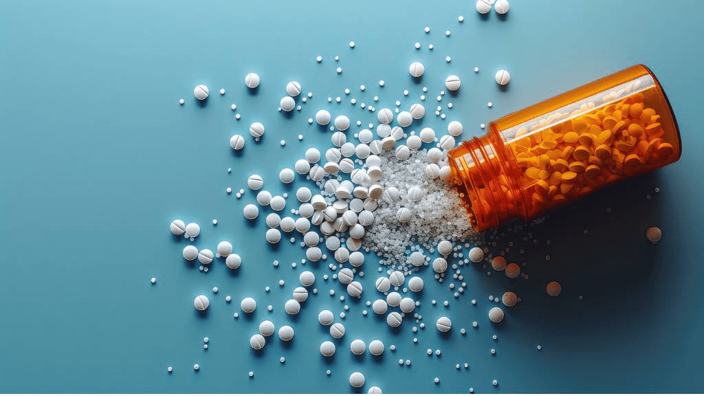 Ein offenes orangenes Medikamentenfläschchen liegt auf einer blauen Oberfläche, aus dem weiße und orangefarbene Pillen herausfallen. Das Bild zeigt verstreute Tabletten verschiedener Größen und Formen, die aus der Flasche entweichen.