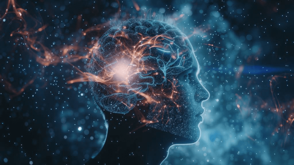 Illustration eines menschlichen Kopfes im Profil mit einem leuchtenden Gehirn, das durch elektrische Impulse und neuronale Verbindungen dargestellt wird. Hintergrund: abstrakter Sternenhimmel mit funkelnden Lichtpunkten.