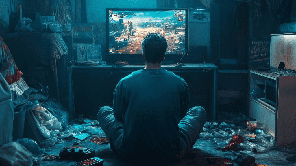 Ein Jugendlicher sitzt in seinem Zimmer auf dem Boden und zockt Videospiele. Der Boden ist von Müll übersät.