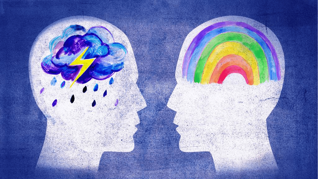 Zwei gezeichnete Köpfe blicken sich an. Im linken ein Blitz über einer großen Regenwolke, im rechten ein Regenbogen.
