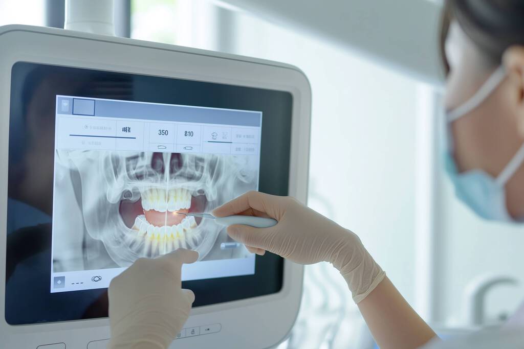 Ein großer weißer Bildschirm zeigt das 3D Bilder eines Kiefers. Eine medizinische Fachangestellte mit Mundschutz und weißen Handschuhen tippt darauf und hält ein weißes Instrument in der Hand.
