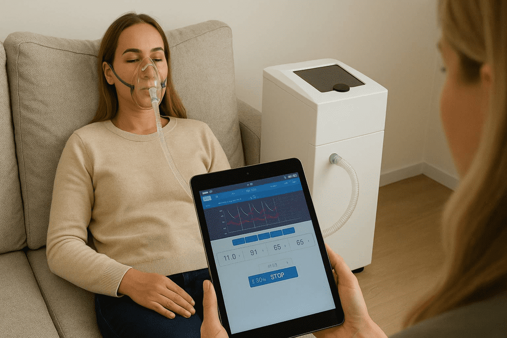 Eine Frau liegt aufrecht auf dem Sofa, sie trägt eine Sauerstoffmaske, die an ein IHHT-Gerät angeschlossen ist. Im Vordergrund eine weitere Frau die ein Tablet mit verschiedenen Statistiken betrachtet.
