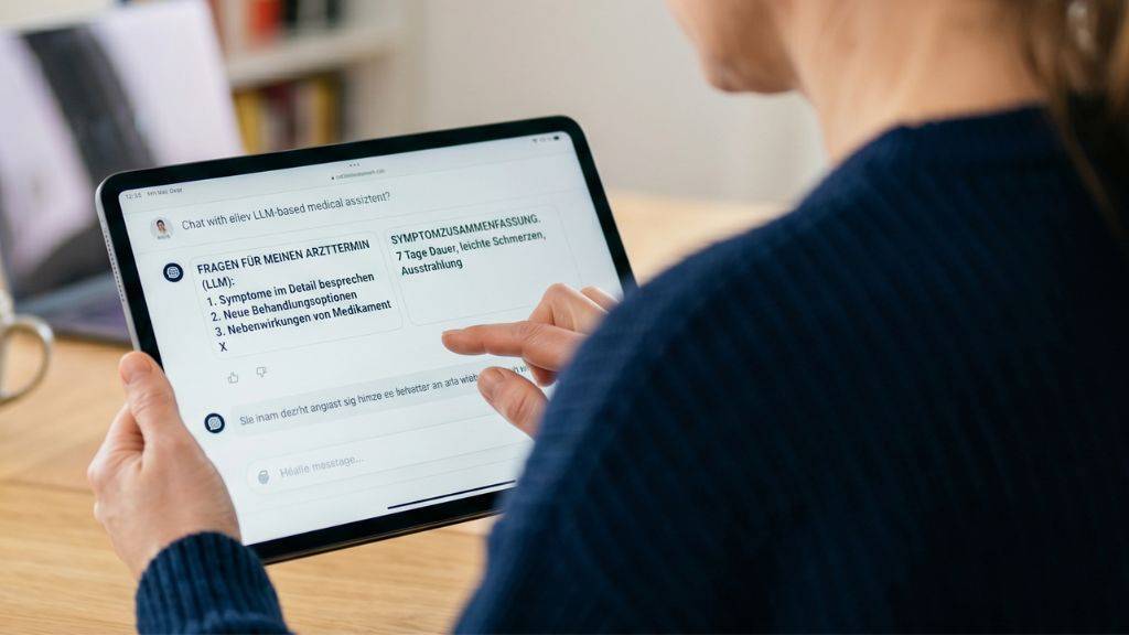 Photorealistische Over-the-Shoulder-Aufnahme einer Frau, die ein Tablet nutzt. Auf dem Display ist ein KI-Chatbot zu sehen, der eine strukturierte Liste mit Fragen für einen Arzttermin sowie eine Symptomzusammenfassung erstellt.
