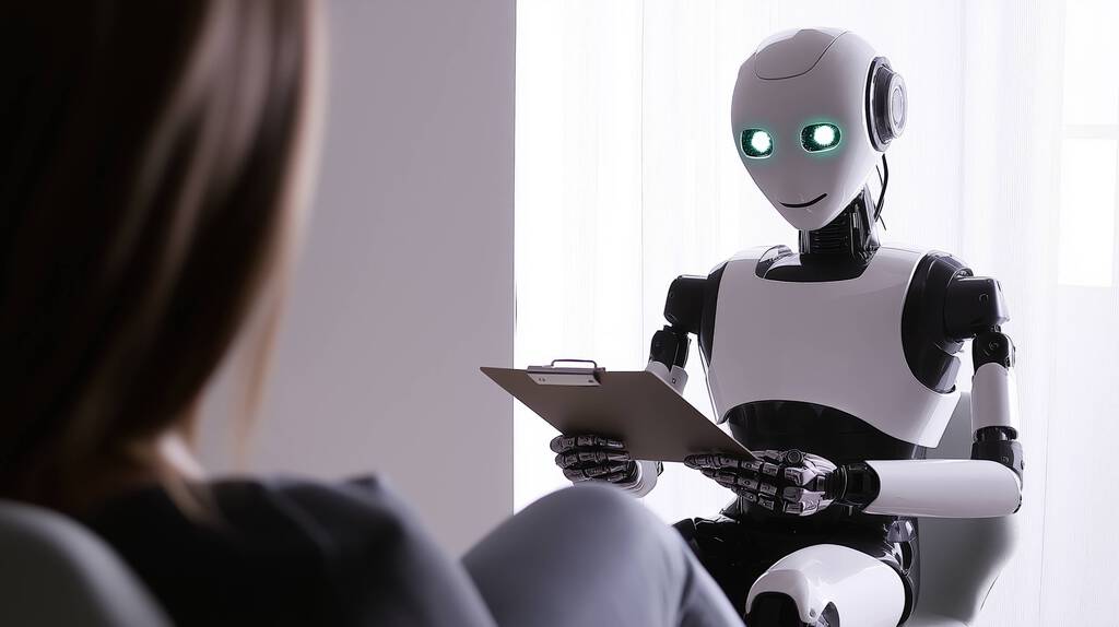 Ein humanoider KI-Agentenroboter, der als Psychologe mit einem menschlichen Patienten arbeitet. Das Bild symbolisiert die Autonomie des Agenten im Bereich der psychischen Gesundheit und den Einsatz von Chatbots in Therapie, Medizin und Gesundheitswesen.