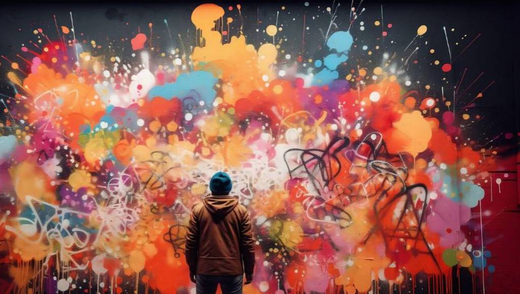 Eine Person steht vor einem bunten Graffiti mit vielen unterschiedlichen Farbklecksen. 