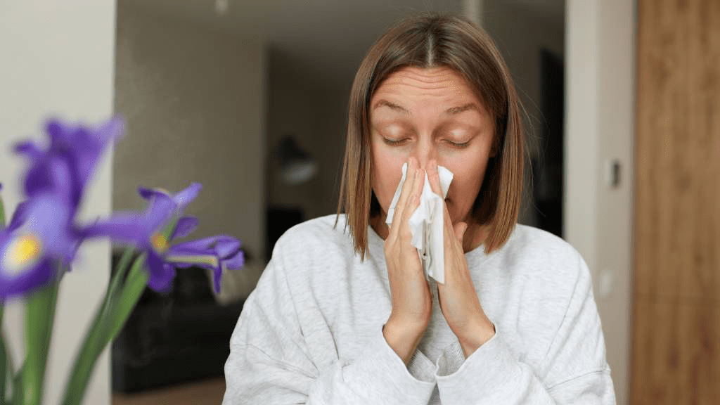 Frau mit Taschentuch beim Naseputzen in Innenraum, Symptome einer Erkältung oder Allergie wie Schnupfen und verstopfte Nase, unscharfer Blumenhintergrund im Vordergrund