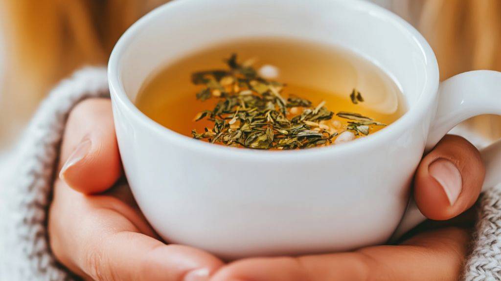 Eine Frau hält eine Tasse Tee in beiden Händen, darin schwimmen Teekräuter.