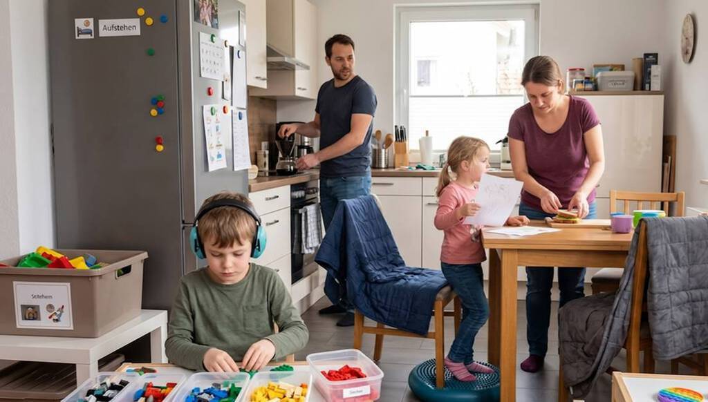 Ein Vater spielt mit seinem kleinen Sohn in der Küche auf dem Boden. Im Hintergrund Mutter und zwei größere Kinder.