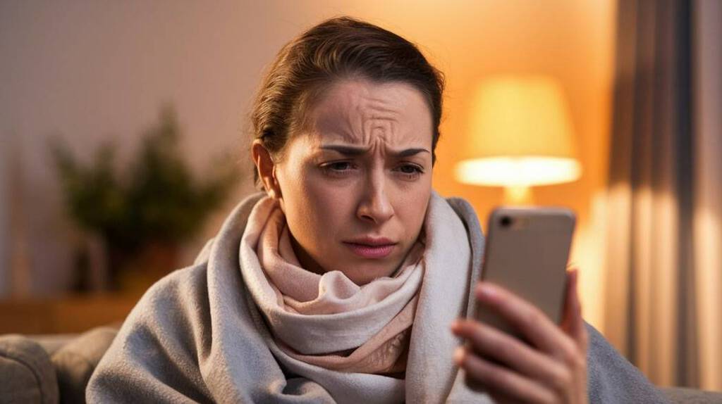 Eine kranke Frau sitzt in eine Decke gehüllt auf dem Sofa und blickt besorgt auf ihr Smartphone, während sie einen Symptom Checker nutzt.