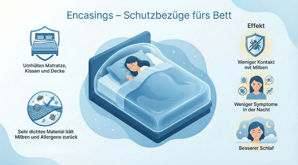 Infografik zu Encasings bei Hausstauballergie: milbendichte Schutzbezüge für Matratze, Kissen und Bett reduzieren Allergene, lindern Symptome und verbessern den Schlaf.
