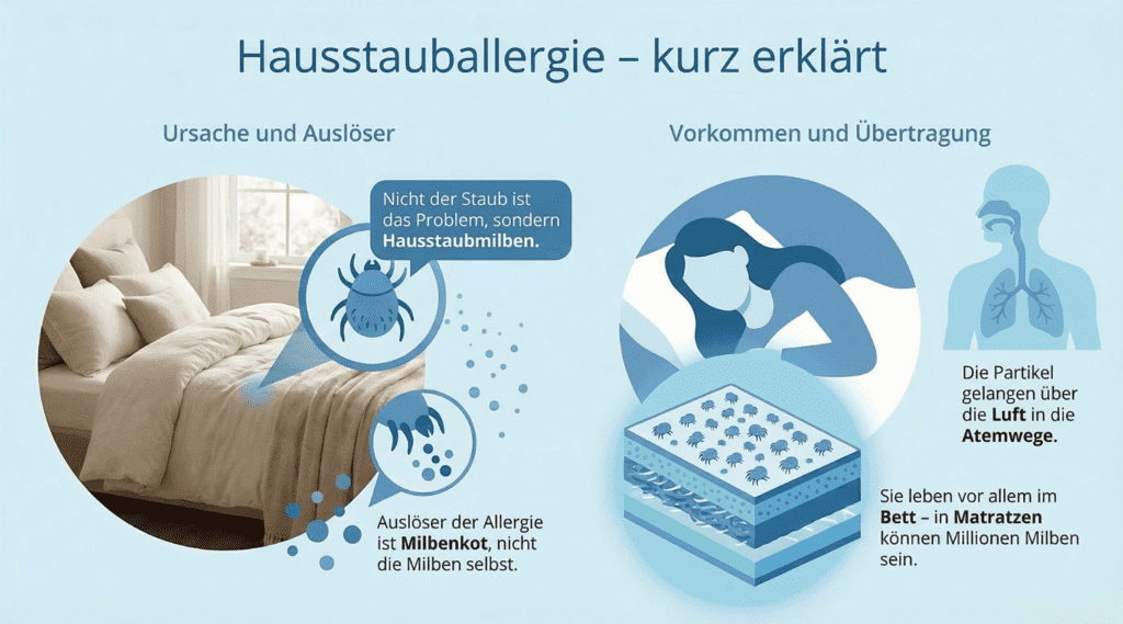 Infografik zur Hausstauballergie: Ursachen durch Milbenkot, Vorkommen in Matratzen, Übertragung über Luft in die Atemwege, schlafende Person im Bett dargestellt