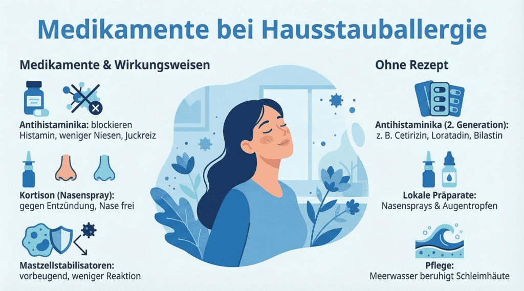 Infografik zu Medikamenten bei Hausstauballergie: Antihistaminika, Kortison-Nasenspray und Mastzellstabilisatoren sowie rezeptfreie Mittel wie Cetirizin, Nasensprays und Augentropfen.