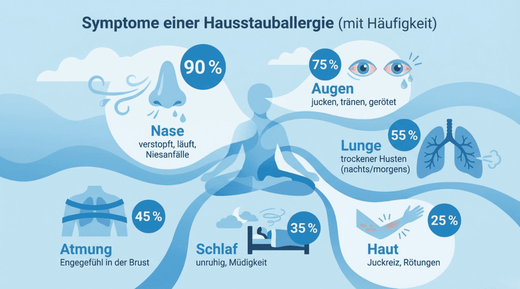 Infografik zu Symptomen der Hausstauballergie: verstopfte Nase, Niesen, juckende und tränende Augen, trockener Husten, Atemprobleme, Hautreaktionen und Schlafstörungen mit Häufigkeitsangaben.
