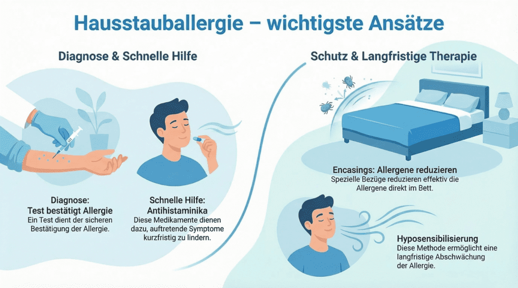 Infografik zu Behandlung der Hausstauballergie: Diagnose per Allergietest, schnelle Hilfe mit Antihistaminika, langfristiger Schutz durch Encasings und Hyposensibilisierung.