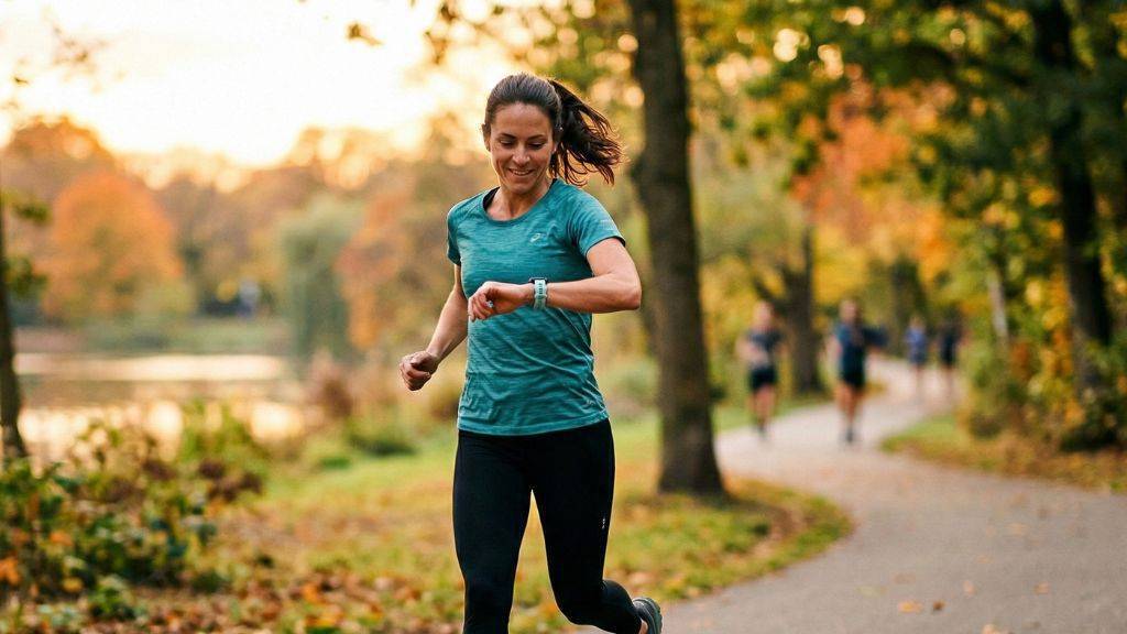 Eine Frau joggt an einem See. Sie schaut auf ihre Smartwatch.