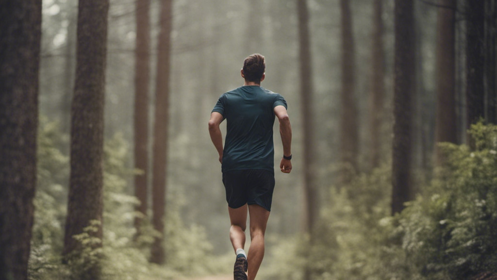 Ein Jogger von hinten läuft durch einen dichten Wald mit hohen Bäumen und grünem Gestrüpp.