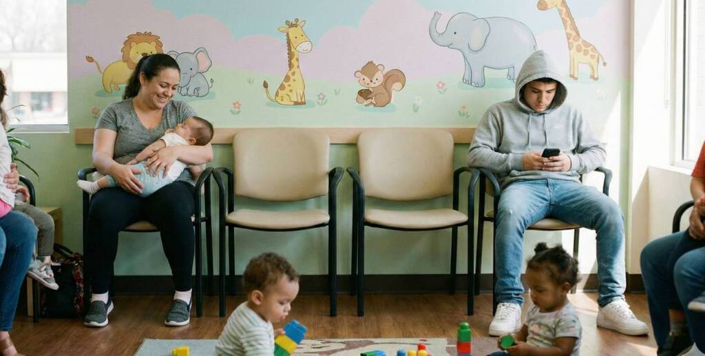 Eine Mutter mit Baby sowie Kleinkinder beim Spielen mit Bauklötzen und ein Jugendlicher, warten in einem hellen Kinderarzt-Wartezimmer. Die Wand ist mit fröhlichen Zeichnungen von Safari-Tieren bemalt.