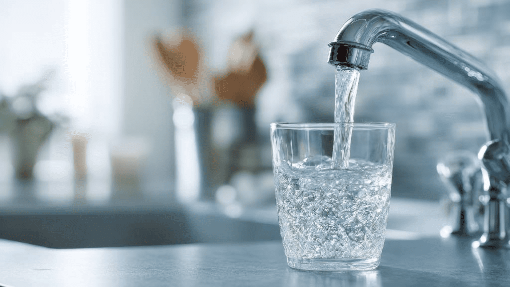 Wasser fließt aus einem Wasserhahn in ein Glas in einer Küche – Symbolbild für Trinkwasserqualität, Hygiene und mögliche Risiken wie Legionellen im Leitungswasser.