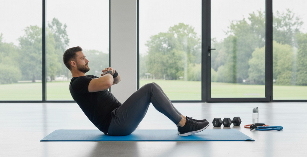Der Abdominal Crunch ist eine gute Übung für die Bauchmuskulatur | © Erstellt mit Google Imagen Ein Mann macht in einem hellen Raum mit großen Fenstern Crunches auf einer blauen Yogamatte. Er trägt schwarze Sportkleidung und verschränkt die Arme vor der Brust. Rechts liegen Hanteln und Fitnesszubehör.