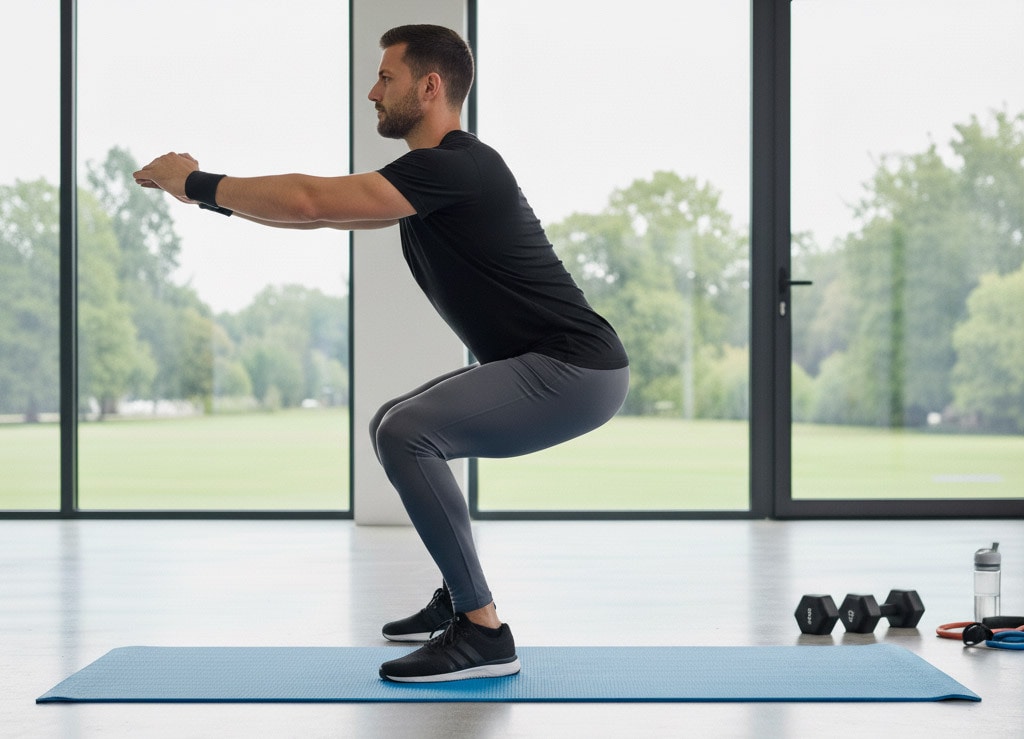 Der Klassiker für die Beine: die Kniebeuge. | © Erstellt mit Google Imagen Ein Mann in schwarzem Shirt und grauer Hose macht in einem hellen Raum mit großen Fenstern eine Kniebeuge (Squat) auf einer blauen Yogamatte. Er hält die Arme gerade nach vorne gestreckt.