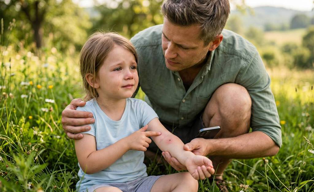 Ein Vater tröstet seine weinende Tochter auf einer sonnigen Wiese. Sie deutet auf einen geröteten Mückenstich am Unterarm, während der Vater den Arm sanft hält und in der anderen Hand ein Smartphone bereitsteht.