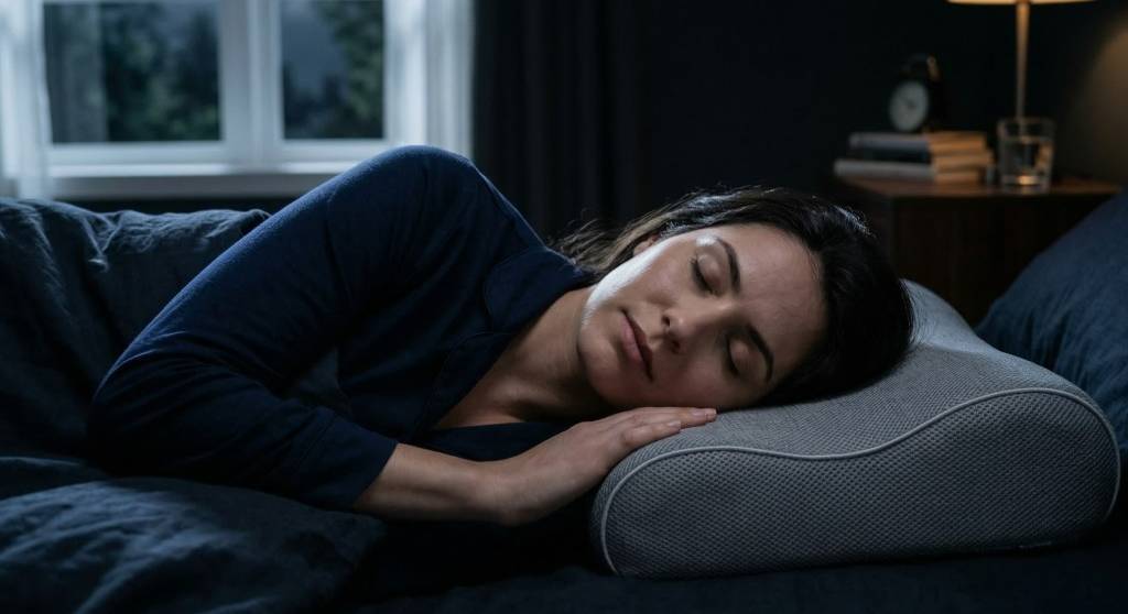 Hyperrealistische Nachtaufnahme einer schlafenden Frau in Seitenlage auf einem ergonomischen Nackenstützkissen. Sanftes Mondlicht und warmes Umgebungslicht beleuchten die Szene. Die Wirbelsäule ist gerade ausgerichtet, dunkle Bettwäsche im Vordergrund.