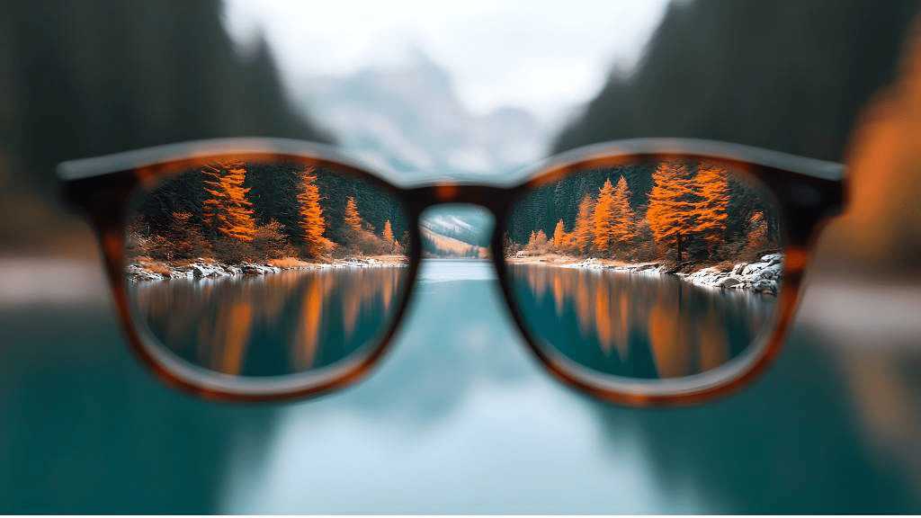 Blick durch eine Brille auf einen klar fokussierten Bergsee mit herbstlich orange leuchtenden Bäumen, während die Umgebung unscharf bleibt – Symbol für verbessertes Sehen und klare Wahrnehmung.