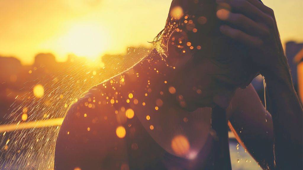 Person steht im Licht der untergehenden Sonne in einem Wassersprühnebel