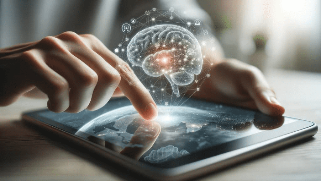 Ein Tablet liegt auf einem Tisch, ein Finger tippt auf den Bildschirm. Darüber schwebt die Darstellung eines Gehirns.