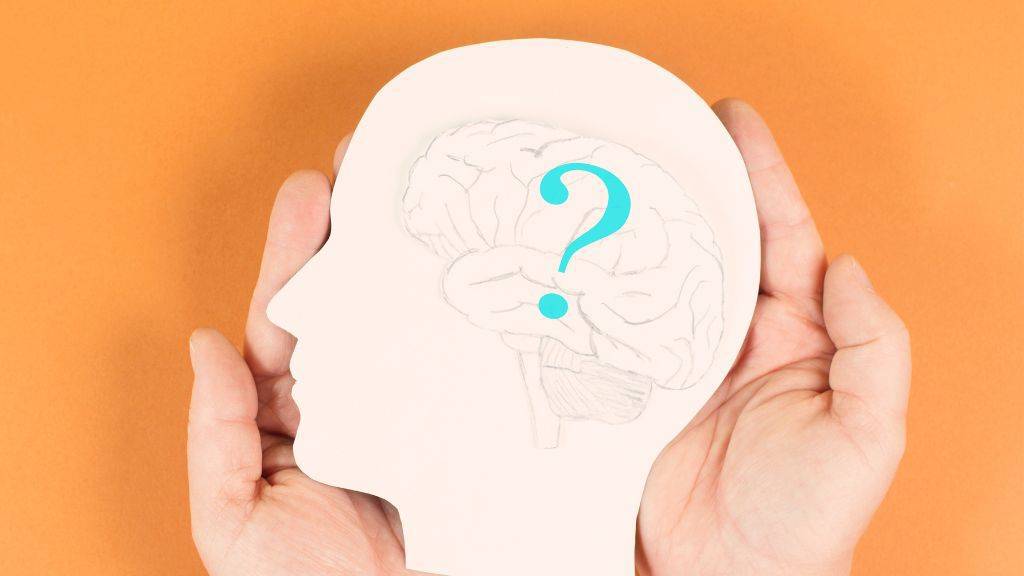 Papier-Silhouette eines Kopfes mit Bleistiftzeichnung des Gehirns und großem Fragezeichen ruht auf zwei flachen Händen. Hintergrund orange