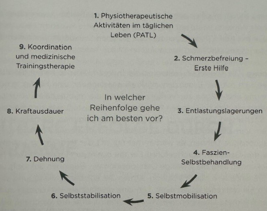 Diagramm des Kiesling-Konzepts zur Behandlung von Omarthrose mit neun Schritten. Es beginnt bei physiotherapeutischen Aktivitäten im Alltag und endet bei Koordination und medizinischer Trainingstherapie.