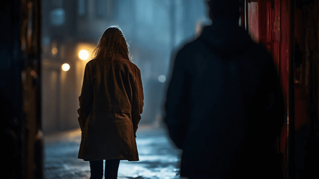 Eine Person geht nachts durch eine dunkle Gasse und wird von einer anderen Person im Hintergrund verfolgt. Das Bild symbolisiert das Gefühl des Verfolgtwerdens und die Bedrohung durch Stalking.