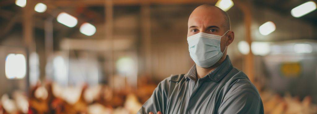 Ein Mann mit medizinischer Maske steht in einem großen Hühnerstall. Im Hintergrund zahlreiche Hühner
