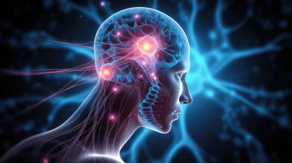 Illustration eines menschlichen Kopfes mit sichtbarem Gehirn, das durch leuchtende Nervenzellen und elektrische Impulse dargestellt wird – symbolische Darstellung einer Hirnverletzung oder eines subduralen Hämatoms.