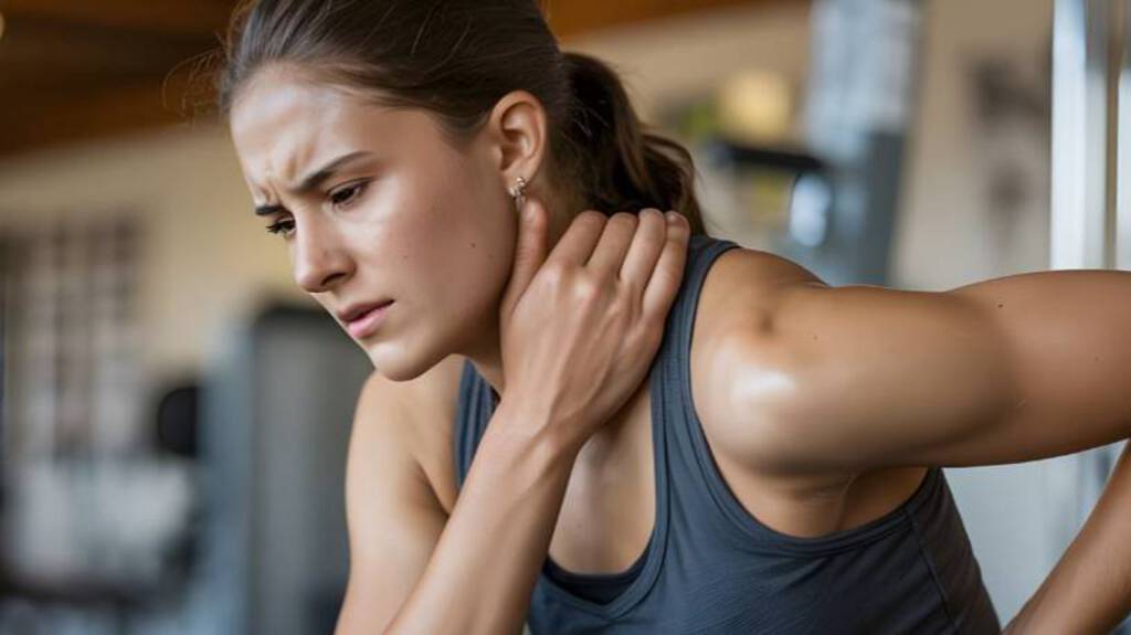 Eine Frau sitzt im Fitnessstudio und hält sich Nacken und Rücken. Sie hat Schmerzen vom Training.