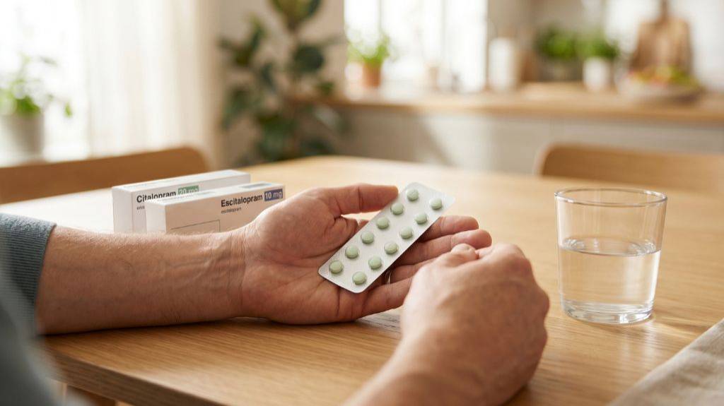 Eine helle, ruhige Alltagsszene am hölzernen Küchentisch aus der Perspektive des Patienten. Auf dem Tisch stehen zwei Medikamentenschachteln: Eine beschriftet mit „Citalopram 20 mg“ und eine weiße Schachtel beschriftet mit „Escitalopram 10 mg“. Die Hände eines Mannes halten eine Blisterpackung mit kleinen, grünen Tabletten. Rechts daneben steht ein klares, gefülltes Glas Wasser. Der Hintergrund zeigt eine helle, leicht unscharfe Küche.