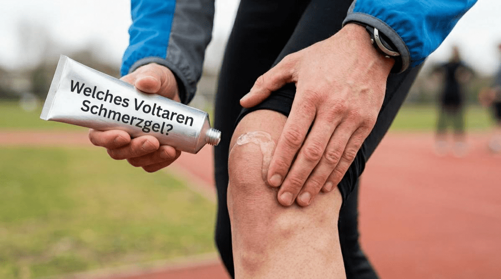 Ein Nahaufnahme-Foto eines Sportlers, der durchsichtiges Schmerzgel aus einer Tube auf sein schmerzendes Knie aufträgt. Auf der silbernen Tube steht in schwarzer Schrift "Welches Voltaren Schmerzgel?". Der Hintergrund zeigt eine unscharfe rote Laufbahn.