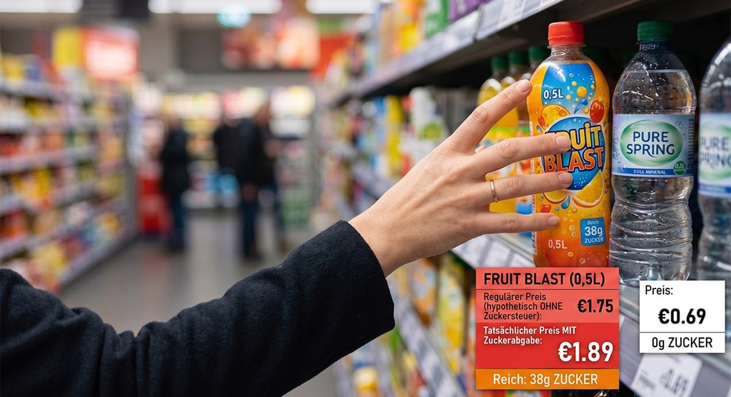 Eine Nahaufnahme in einem Supermarktregal: Eine Hand greift nach einer 0,5-Liter-Limonadenflasche mit der Aufschrift „Fruit Blast“. Im Vordergrund sind zwei Preisschilder eingeblendet: Ein rotes Schild zeigt den tatsächlichen Preis inklusive Zuckerabgabe (€1,89) und warnt vor einem hohen Zuckergehalt (38g). Direkt daneben steht zum Vergleich der hypothetische reguläre Preis ohne Steuer (€1,75). Rechts im Bild ist eine Wasserflasche für €0,69 mit dem Hinweis „0g Zucker“ zu sehen.